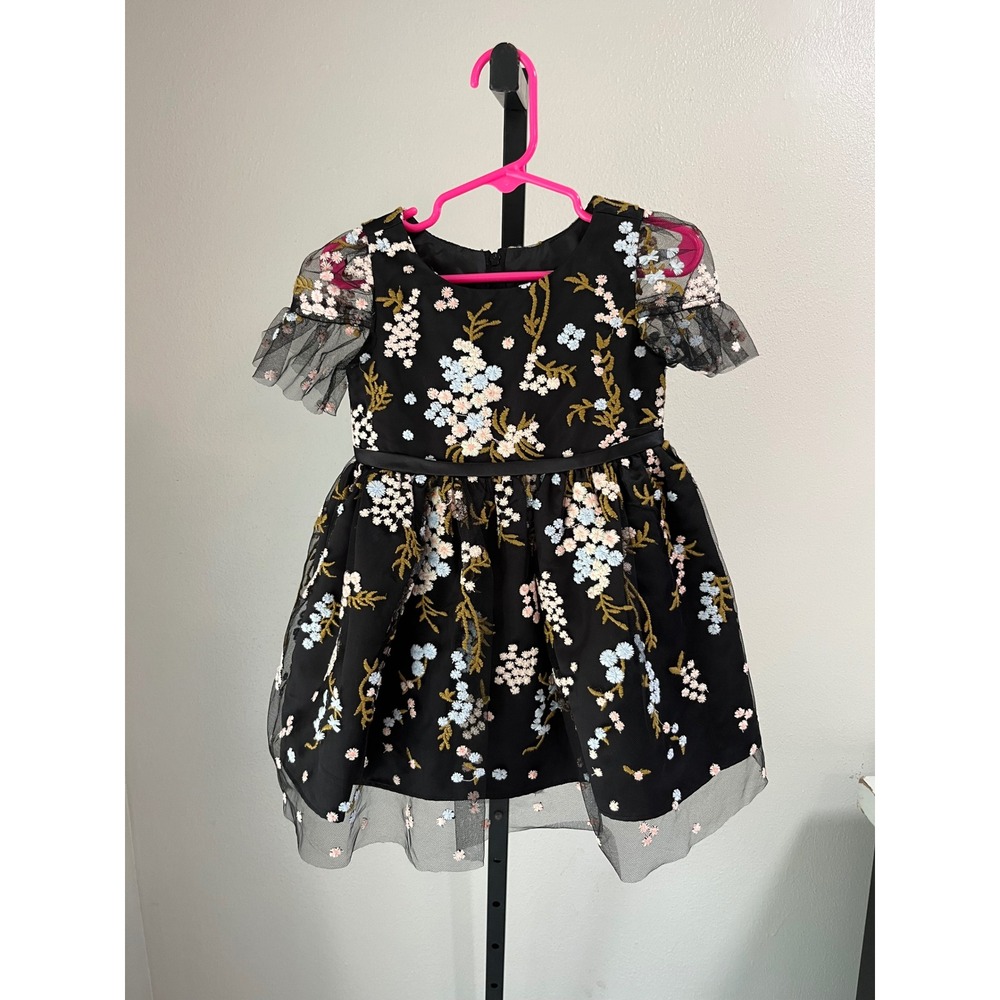 Rare Editions Dress Black 2T Floral Embroidered Tulle Party Formal Short Sleeve